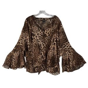 Ashley Stewart Leopard Print Chiffon Blouse Sz 18/20 Cape Overlay Bell Sleeve